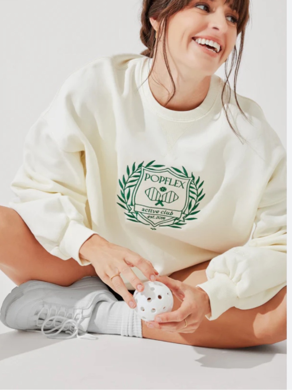 New POPFLEX Cream Active Club Cloud Crewneck Sweater Green Tennis Logo